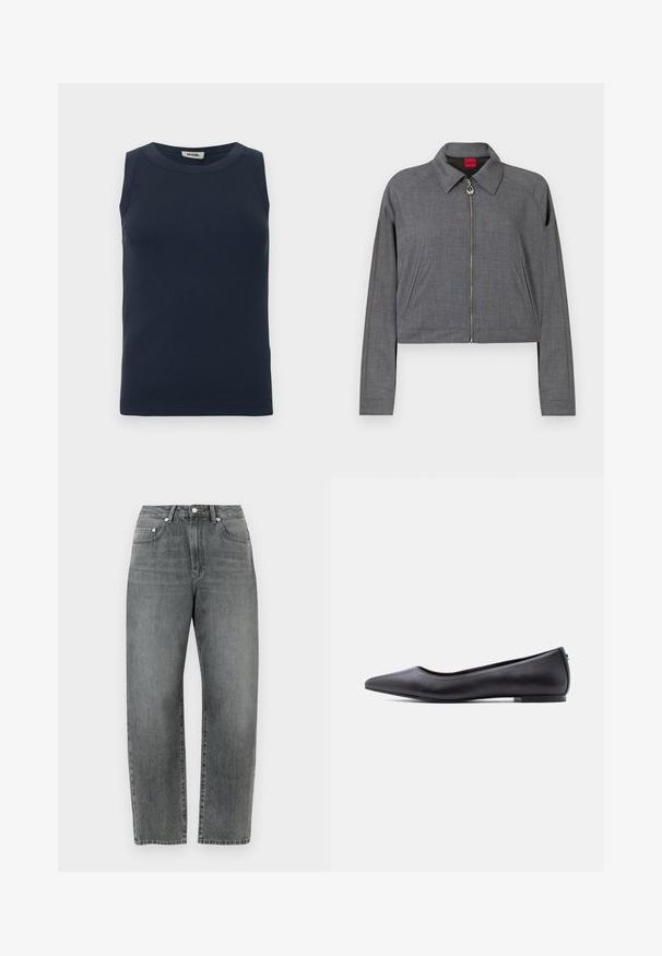 Veste grise à manches longues avec col, fermeture zippée à l'avant avec tirette circulaire, et poches latérales, étalée à plat sur un fond blanc.; Haut sans manches bleu marine foncé en tissu côtelé. Présente un col rond et une coupe ajustée sans accents ni motifs supplémentaires.; Jean en denim gris avec une coupe droite, un design classique à cinq poches et des détails en boutons métalliques à l'avant.; Chaussure plate en cuir noire à bout pointu avec petit talon, vue de profil sur fond blanc.