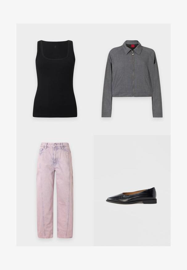 Veste grise à manches longues avec col, fermeture zippée à l'avant avec tirette circulaire, et poches latérales, étalée à plat sur un fond blanc.; Débardeur noir moulant en tissu lisse, doté d'un décolleté carré et de larges bretelles ; sans motifs ni accents visibles.; Jean en denim lavande taille haute à jambes droites avec poches avant et arrière, passants pour ceinture et fermeture par bouton.; Chaussure plate en cuir noir avec un bout pointu et un petit talon carré. Texture lisse, design minimaliste, sans éléments métalliques visibles ni motifs.