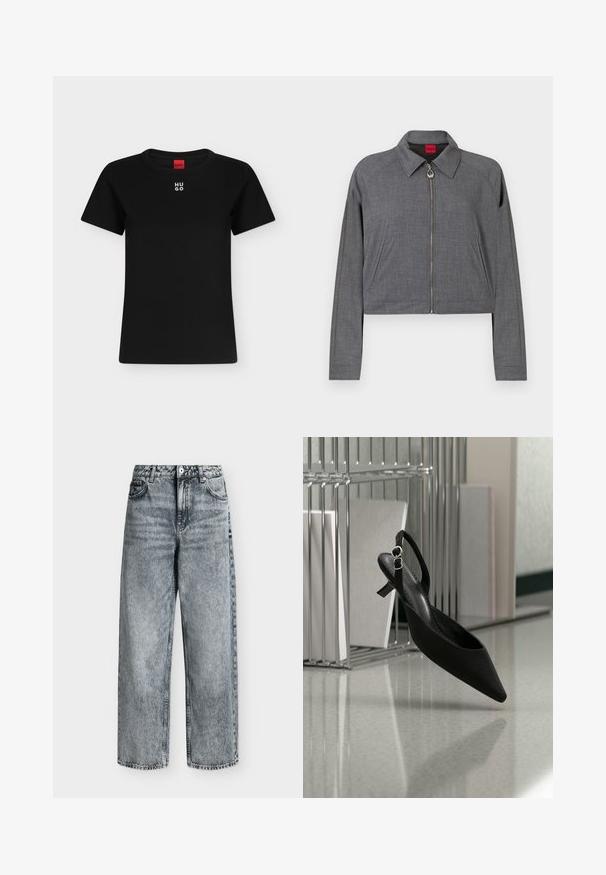 Grijze lange mouwen jas met kraag, ritssluiting aan de voorkant met een ronde trekker en zijzakken, plat gelegd op een witte achtergrond.; Zwart T-shirt met korte mouwen en ronde hals met wit "HUGO"-logo gecentreerd vlakbij de kraag, rood label binnenin de hals.; Jeans met hoge taille en rechte pijpen in vervaagde grijze denim met voorzakken, riemlussen en een knoopsluiting.; Zwarte slingback kitten heel schoen met puntige neus zwevend nabij een metalen ordner op een reflecterende vloer.