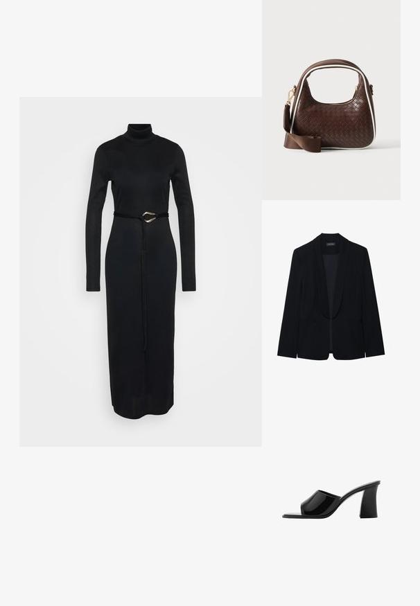 Zwarte blazer met een piekrevers, enkele knoopsluiting, twee cargopockets en een gladde, gestructureerde stof. Geen zichtbare patronen of versieringen.; Zwarte gebreide jurk met lange mouwen en een hoge hals. Heeft een taille met ceintuur en een accent van gouden hardware. Gladde textuur, vloerlange lengte.; Zwarte open-tegen slide-sandalen met een glanzende lakafwerking, vierkante neus en chunky hakontwerp. Stijlvolle silhouet en gladde textuur.; Bruine geweven leren handtas met witte bies, gouden ritssluiting en afneembare bruine stoffen schouderriem.