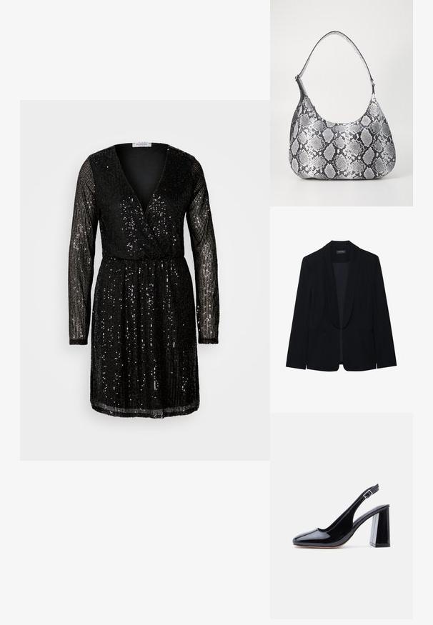 Blazer negro con solapa de pico, cierre de un botón, dos bolsillos frontales y una tela suave y texturizada. Sin patrones ni adornos visibles.; Vestido negro con lentejuelas que presenta mangas largas, un escote en V profundo y una cintura ajustada. Las lentejuelas cubren toda la prenda, reflejando la luz.; Zapato slingback de charol negro con puntera redondeada, correa ajustable con hebilla y tacón grueso de bloque sobre fondo blanco.; Bolso de hombro con estampado de serpiente en blanco y negro, de forma redondeada, textura suave y correa curvada. Presenta un acento de hardware plateado.