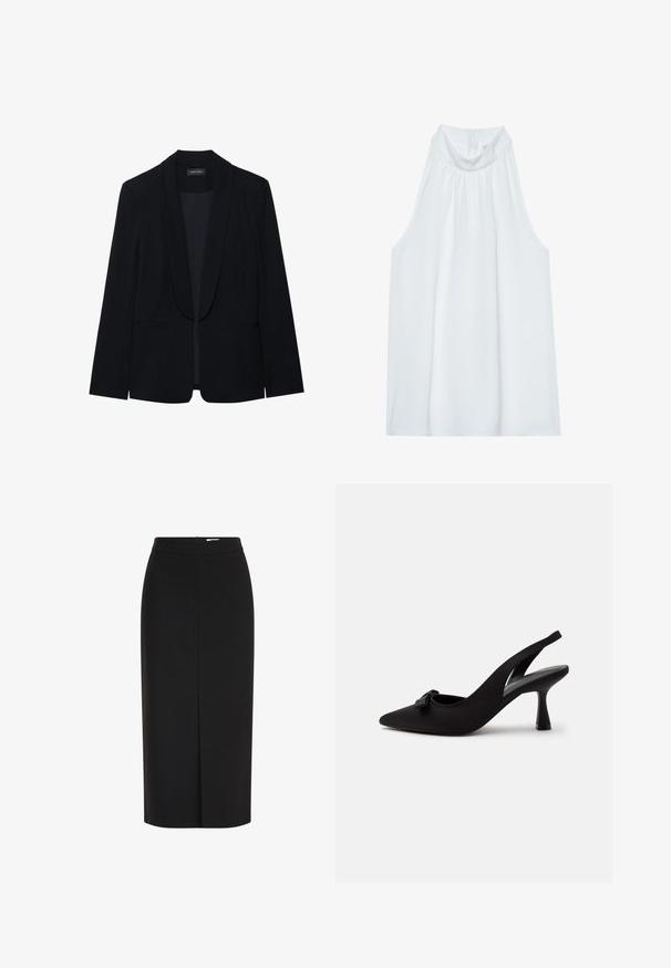 Blazer negro con solapa de pico, cierre de un botón, dos bolsillos frontales y una tela suave y texturizada. Sin patrones ni adornos visibles.; Top blanco sin mangas con cuello alto, confeccionado en una tela suave, con detalles fruncidos en el escote y una cremallera oculta en la parte posterior.; Falda lápiz midi negra de cintura alta con una abertura frontal y cremallera oculta sobre un fondo blanco.; Zapato de tacón alto de punta afilada con tira trasera negra, con un pequeño lazo en la parte delantera y tacón estrecho, mostrado sobre un fondo blanco.