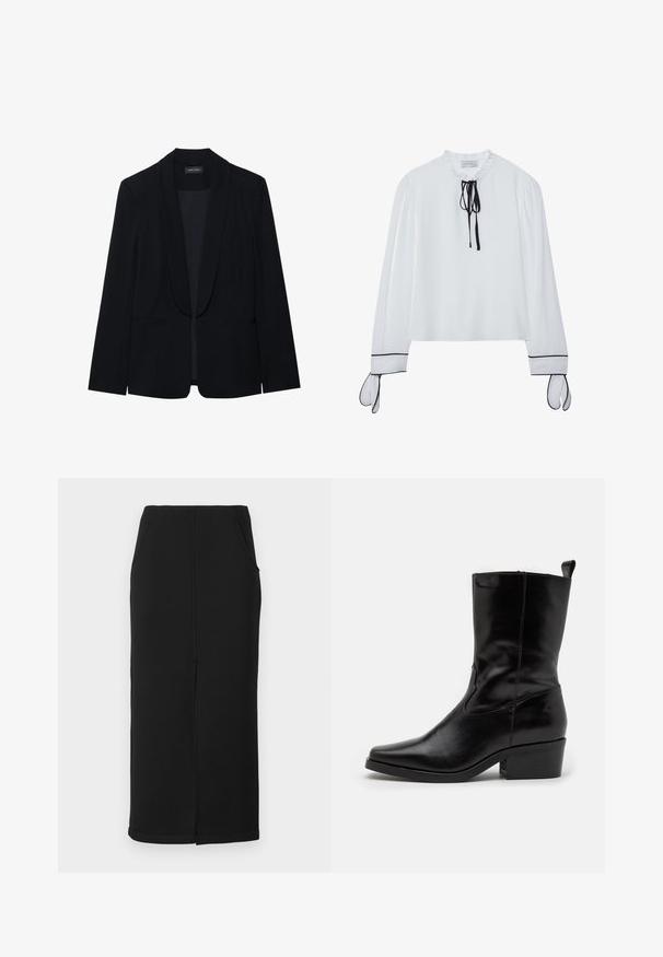 Zwarte blazer met een piekrevers, enkele knoopsluiting, twee cargopockets en een gladde, gestructureerde stof. Geen zichtbare patronen of versieringen.; Witte blouse met een gerimpelde halslijn, zwarte strikdetail en lange mouwen met zwarte accenten aan de manchetten. Soepele stof, ontspannen pasvorm.; Zwarte midi-rok van zachte, rekbare stof met een rechte silhouet, voorzien van zijzakken en een middennaad detail.; Zwarte leren enklaars met een spitse neus, lage blokhak en gestikte details. Beschikt over zij-elastische panelen voor gemakkelijke instap.