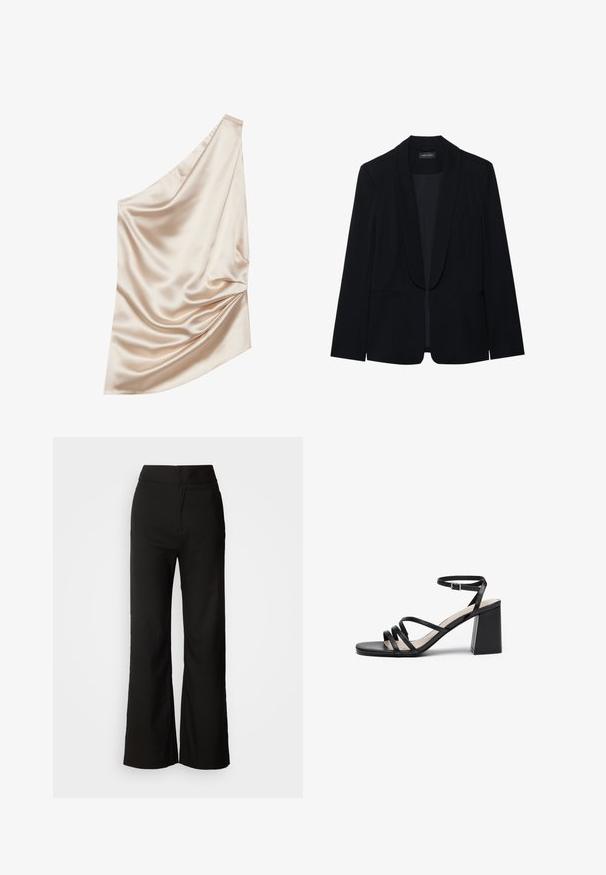 Blazer noir avec un revers en pointe, fermeture à un bouton, deux poches avant et un tissu lisse et texturé. Sans motifs ni embellissements visibles.; Tissu satin de couleur nude pâle, présentant un design à une épaule avec une texture drapée et des détails froncés sur un côté.; Pantalons noirs à jambes larges avec une texture lisse, taille haute et un design épuré. Pas de poches visibles ni d'embellissements.; Sandales à talons noirs avec plusieurs fines lanières, bout carré et talon bloc, dotées d'une sangle ajustable à la cheville. Texture en cuir lisse.
