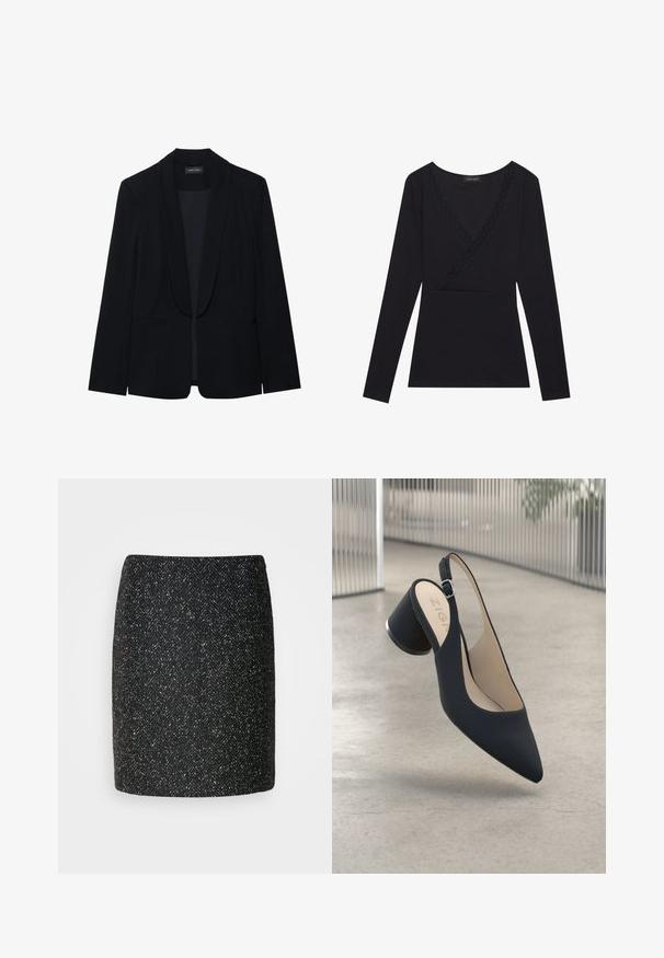 Sort blazer med spids slag, enkelt knaplukning, to forlommer og et glat, struktureret stof. Ingen synlige mønstre eller udsmykninger.; Sort langærmet top med indpakningsdesign, der har en V-halsudskæring trimmet med blonder, lavet af blødt stof med en tætsiddende silhuet.; Sort tweed mini nederdel med et fiskebensmønster, struktureret form og tekstureret stof. Nederdelens kant er lige og pænt afsluttet.; Sorte slingback højhælede sko med spids tå, glat tekstur og en metalaccent på hælen, med en lille justerbar spænde.