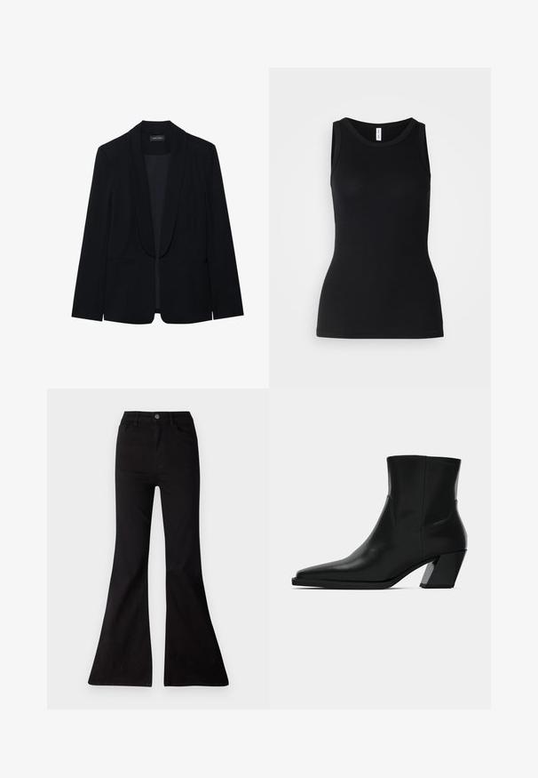 Schwarzer Blazer mit Reverskragen, einer Knopfleiste, zwei vorderen Taschen und einem glatten, strukturierten Stoff. Keine sichtbaren Muster oder Verzierungen.; Schwarzes ärmelloses Tanktop aus geripptem Stoff, mit rundem Ausschnitt und figurbetontem Design, glatter Textur und ohne Muster.; Schwarze weite Jeans aus Denim, mit hoher Taille, Fronttaschen und einer großen Öffnung am Hosenbund für eineweite Beinform.; Schwarze Leder-Stiefelette mit spitzem Zeh, schlanker Silhouette und klobigem quadratischem Absatz. Glatte Textur mit minimalen Nähdetails.