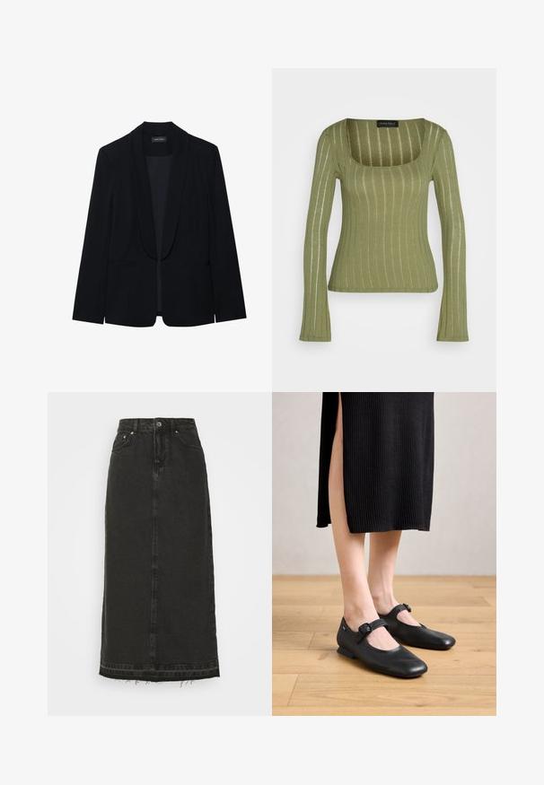 Schwarzer Blazer mit Reverskragen, einer Knopfleiste, zwei vorderen Taschen und einem glatten, strukturierten Stoff. Keine sichtbaren Muster oder Verzierungen.; Langärmliges, geripptes Oberteil in Olivgrün mit quadratischem Ausschnitt und taillierter Silhouette, gefertigt aus weichem, texturiertem Material.; Schwarzer Denim-Midirock mit tailliertem Bund, vorderem Knopfverschluss und ausgefranstem Saum. Verfügt über ein klassisches Fünf-Taschen-Design und eine leichte Textur.; Schwarze Leder-Mary Jane-Ballerinas mit einem kleinen Absatz, runder Zehenpartie und einem seitlichen Schnallen-Detail. Das strukturierte Design erhöht die visuelle Attraktivität.