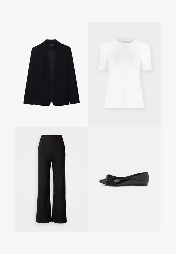Sort blazer med spids slag, enkelt knaplukning, to forlommer og et glat, struktureret stof. Ingen synlige mønstre eller udsmykninger.; Hvid T-shirt med rund hals, korte ærmer, slank pasform og ribbet stofstruktur, vist på en ensfarvet lys grå baggrund.; Sorte bukser med bred benvidde, glat tekstur, høj talje og et enkelt design. Ingen synlige lommer eller udsmykninger.; Sort balletflade med en blank patentfinish og en kontrasterende sort ruskinds sløjfe på tåen. Flad sål. Minimalistisk design.