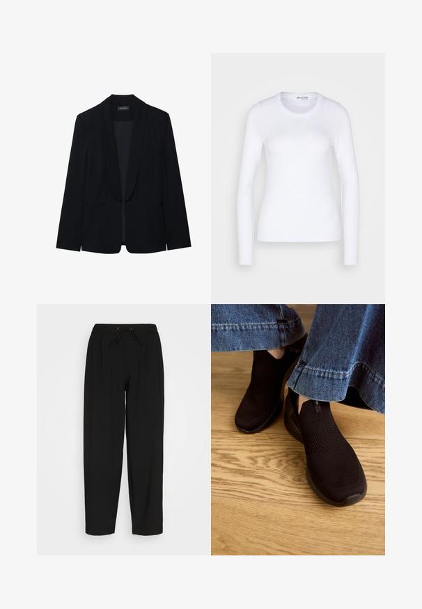 Schwarzer Blazer mit Reverskragen, einer Knopfleiste, zwei vorderen Taschen und einem glatten, strukturierten Stoff. Keine sichtbaren Muster oder Verzierungen.; Selected SLFDIANNA O NECK - Langarmshirt - bright white; Schwarze Sweatpants mit einem elastischen Bund und Kordelzug. Mit einem lockeren Schnitt und geradem Bein-Design. Aus weichem Stoff ohne Muster.; Schwarze Slipper mit einem strukturierten Strickobermaterial und elastischem Eingangsbereich. Abgerundete Zehenform und profilierte, gepolsterte Sohle, getragen mit einem Denim-Saum.