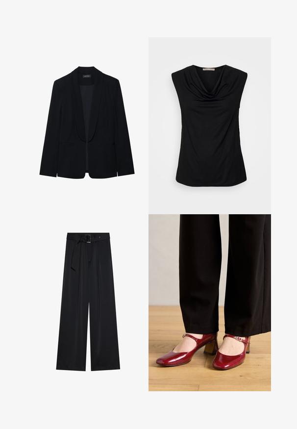 Blazer negro con solapa de pico, cierre de un botón, dos bolsillos frontales y una tela suave y texturizada. Sin patrones ni adornos visibles.; Anna Field by Zalando Top - black; Pantalones de pierna ancha negros, confeccionados en una tela suave, que presentan una cintura alta con un cinturón y detalles de lazo, y pliegues frontales prominentes.; Zapatos de tacón Mary Jane de charol rojo con punta cuadrada, una correa en el empeine y un tacón bajo en bloque. Combinados con pantalones negros.