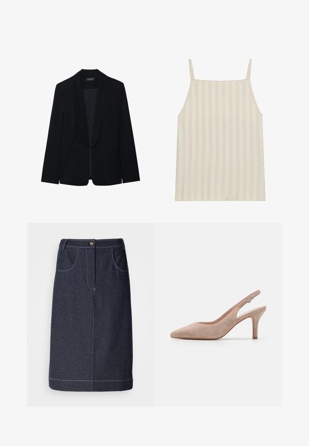 Zwarte blazer met een piekrevers, enkele knoopsluiting, twee cargopockets en een gladde, gestructureerde stof. Geen zichtbare patronen of versieringen.; Licht beige cami met verticale streepjespatroon, dunne verstelbare bandjes en een ontspannen pasvorm. Zachte textuur met een subtiele glans.; Donkerdenimrok met een subtiel wit stippenpatroon, frontzakken, een gouden knoopsluiting en witte stiksels langs de zoom.; Slingback hoge hak schoen in zacht beige suède, spitse neus, slanke hak en verstelbare enkelband met een ronde gesp.
