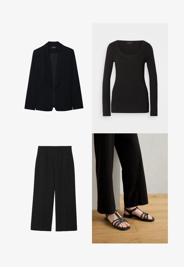 Sort blazer med spids slag, enkelt knaplukning, to forlommer og et glat, struktureret stof. Ingen synlige mønstre eller udsmykninger.; Sort langærmet top med en rund halsudskæring, lavet af blødt, strækbart stof. Har en tætsiddende pasform og glat tekstur. Brandlabel synlig.; Sorte breddebenede bukser lavet af glat stof, med to forlommer, flad front og lynlås lukning på siden.; Gabor Comfort Sandaler - schwarz/gold