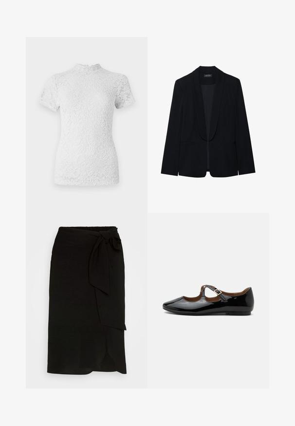 Schwarzer Blazer mit Reverskragen, einer Knopfleiste, zwei vorderen Taschen und einem glatten, strukturierten Stoff. Keine sichtbaren Muster oder Verzierungen.; Weißes Spitzentop mit kurzen Ärmeln und einem hohen, gewellten Halsausschnitt. Blumenmuster überall, semi-transparenter Stoff mit strukturierter Optik.; Schwarzer Wickelrock aus strukturiertem Stoff, mit seitlichem Bindeband, geradem Design und Schlitz am Saum.; Schwarzer Mary Jane flacher Schuh aus Lackleder mit zwei Ausstanzungen und einem goldfarbenen Schnallenriemen auf weißem Hintergrund.