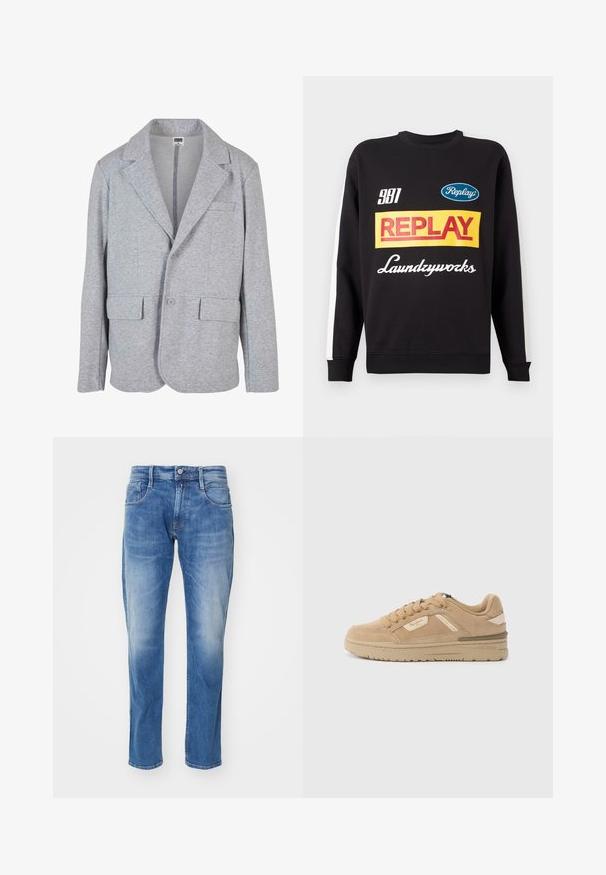 Grijze blazer van zacht, getextureerd materiaal. Heeft een notch collar, twee voorzakken en een enkele knoopsluiting.; Zwarte crewneck sweatshirt met witte strepen op de mouwen, voorzien van kleurrijke "Replay" en "Laundryworks" tekstlogo's aan de voorkant.; Lichtblauwe denim jeans met een rechte pasvorm, vijf-pocket ontwerp, subtiele vervaging en een standaard tailleband met knoopsluiting.; Tan gekleurde suède sneaker met ronde neus, vetersluiting aan de voorkant en gevoerde kraag. Voorzien van een gestructureerde tussenzool en subtiele merkaccenten aan de zijkant.