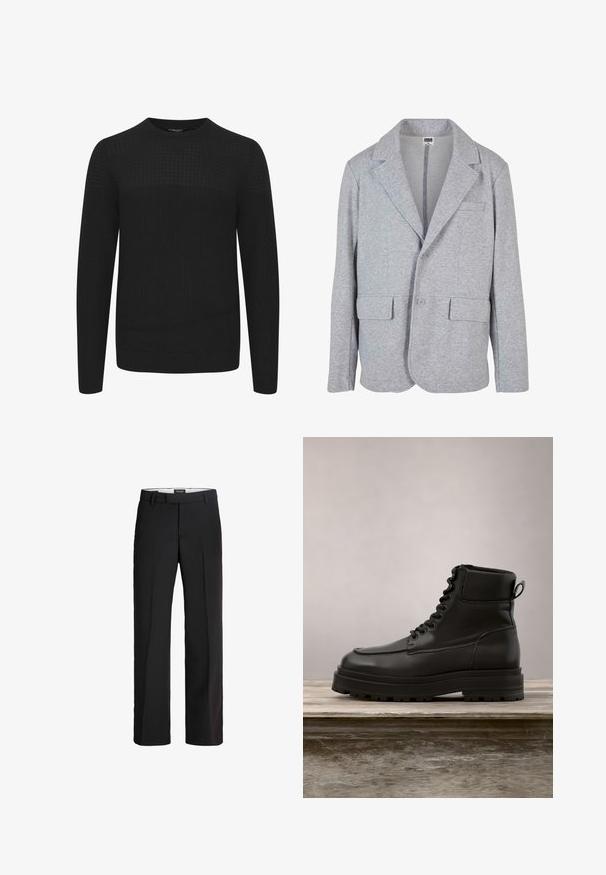 Grå blazer lavet af blødt, struktureret stof. Har en notch krave, to forlommer og en enkelt knaplukning.; Sort strikket sweater med rund hals, der har et tekstureret øverste panel samt ribbede manchetter og kant. Fremstillet af et blødt og varmt stof.; Sorte bukser med skræddersyet pasform; har en glat front, to sidelommer og en glat tekstur; lavet af et let, åndbart materiale.; Sorte læder ankelstøvler med rund tå, chunky sål med slidbane og snørebåndsfront. Inkluderer en kort, polstret krave og minimale syninger.