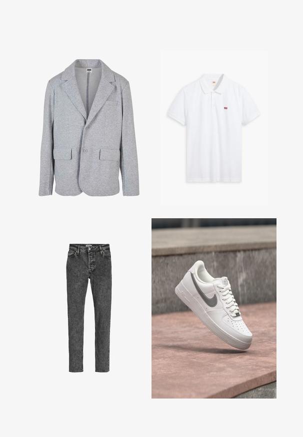 Grå blazer lavet af blødt, struktureret stof. Har en notch krave, to forlommer og en enkelt knaplukning.; Hvid polo t-shirt lavet af bomuld. Har en tre-knaps stolpe, korte ærmer og et lille rødt Levi's-logo på venstre bryst.; Jack & Jones Relaxed Fit JJICHRIS JJORIGINAL SQ 734 - Jeans Tapered Fit - black denim; Hvid Nike Air Force 1 sneaker med gråt swoosh-logo svævende over en stensurface og en grå stenvæg i baggrunden.