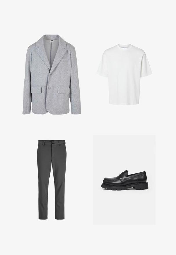 Blazer gris en tissu doux et texturé. Il présente un col à cran, deux poches avant et une fermeture à bouton unique.; T-shirt blanc uni à manches courtes, col rond et coupe décontractée, présenté sur un fond blanc.; Pantalons gris ajustés en tissu lisse, dotés d'une fermeture à bouton et de passants de ceinture, avec une coupe droite et sans motifs visibles.; Mocassin en cuir noir avec semelle épaisse crantée et détail de bride penny, présenté en profil droit sur fond blanc.