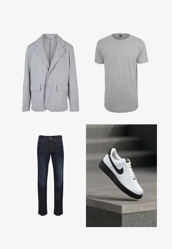 Grå blazer lavet af blødt, struktureret stof. Har en notch krave, to forlommer og en enkelt knaplukning.; Grå bomulds T-shirt med rund hals, korte ærmer, lige kant og en blød tekstur; minimal branding synlig ved halsudskæringen.; Mørkeblå denimjeans med lige ben, fem lommer, gyldne stikninger og en glat tekstur. Knaplukning ved taljen.; Hvid lædersneaker med sorte detaljer, rundet tå og perforerede detaljer. Sort gummisål med tekstureret mønster og snørelukning.