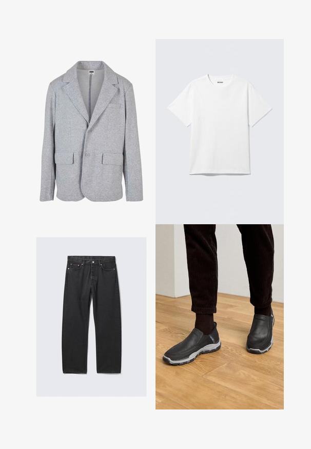 Blazer gris hecho de un tejido suave y texturizado. Cuenta con un cuello de muesca, dos bolsillos frontales y un cierre de un solo botón.; Camiseta blanca de manga corta con cuello redondo, colocada plana, diseño liso, con etiqueta "WEEKDAY" en el interior del cuello sobre un fondo claro.; Vaqueros negros de pierna recta con estilo de cinco bolsillos y cierre de botón en la cintura, colocados planos sobre un fondo claro.; Zapatos negros sin cordones con parte superior de cuero texturizado y una suela de goma gris, sobre un suelo de madera y pantalones de pana.