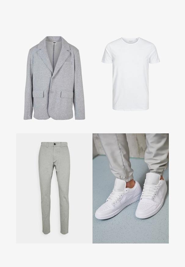 Blazer gris en tissu doux et texturé. Il présente un col à cran, deux poches avant et une fermeture à bouton unique.; T-shirt à col rond à manches courtes de couleur blanche unie, fabriqué en coton doux, avec un design simple sans motifs ni accents visibles.; Pantalon en coton mélangé gris clair, design slim fit, avec fermeture à bouton sur le devant, passants de ceinture et texture subtile sur l'ensemble.; Des baskets en cuir blanc présentent une zone de perforation à l'avant, des lacets plats, un col rembourré et le logo Jordan sur la languette. Portées avec un pantalon de jogging gris.