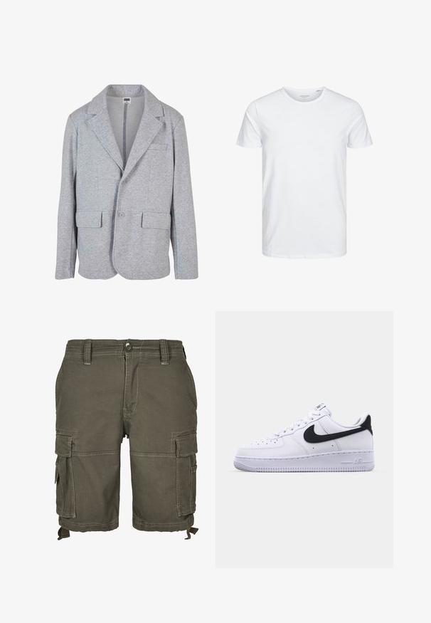 Sivý blazer vyrobený z mäkkej štruktúrovanej tkaniny. Má klopový golier, dve predné vrecká a zapínanie na jeden gombík.; Tričko s okrúhlym výstrihom a krátkym rukávom v čistej bielej farbe, vyrobené z jemnej bavlny, má jednoduchý dizajn bez viditeľných vzorov alebo akcentov.; Olivové cargo šortky vyrobené z odolnej tkaniny, s viacerými bočnými vreckami, pútkami na opasok a prešitým detailom pre väčšiu textúru.; Biele kožené tenisky s textúrovaným čiernym Swooshom, plochými šnúrkami a gumovou podrážkou s ryhovaným vzorom. Na päte je embosovaný nápis "AIR".