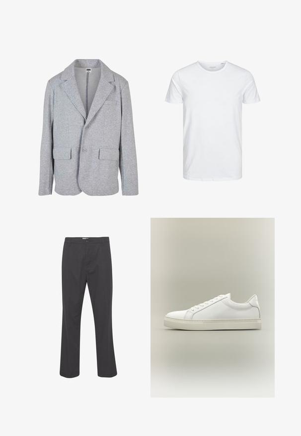 Grå blazer lavet af blødt, struktureret stof. Har en notch krave, to forlommer og en enkelt knaplukning.; Rundhals kortærmet t-shirt i ensfarvet hvid, lavet af blød bomuld, har et simpelt design uden synlige mønstre eller detaljer.; Sorte bukser med et lige ben design, lavet af vævet stof. Har en frontknaplukning og standard bæltesløjfer.; Hvid lavtop sneaker med snørebånd foran og tyk sål, vist fra siden mod en neutral baggrund.