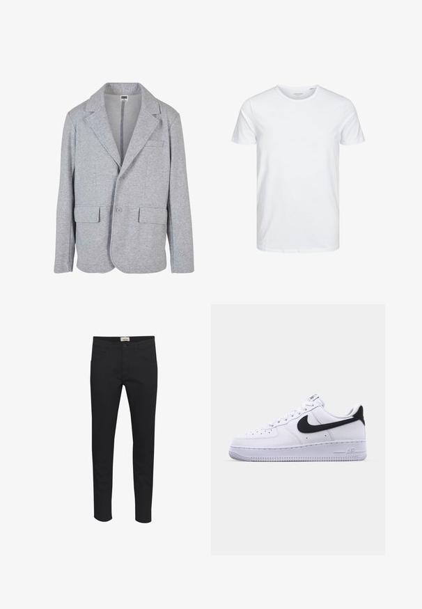 Grijze blazer van zacht, getextureerd materiaal. Heeft een notch collar, twee voorzakken en een enkele knoopsluiting.; Ronde hals kortemouwen t-shirt in effen wit, gemaakt van zachte katoen, heeft een eenvoudig ontwerp zonder zichtbare patronen of accenten.; Zwarte broek van stevige stof, met een standaard pasvorm, vijf zakken en een knoopsluiting. Stijlvol en veelzijdig.; Witte leren sneaker met een gestructureerde zwarte Swoosh, platte veters en een rubberen zool met een geribbeld patroon. "AIR" is in de hak geperst.