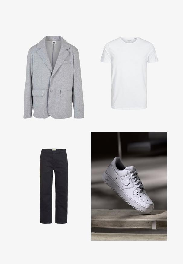 Grå blazer lavet af blødt, struktureret stof. Har en notch krave, to forlommer og en enkelt knaplukning.; Rundhals kortærmet t-shirt i ensfarvet hvid, lavet af blød bomuld, har et simpelt design uden synlige mønstre eller detaljer.; Sorte bomuldsbukser med lige ben-design, der har en frontlukning med knap, bæltestropper og minimal dekoration.; Hvid læder Nike Air Force 1 sneaker med perforeret tå, flade snørebånd og tekstureret gummisål med "AIR" branding på siden.