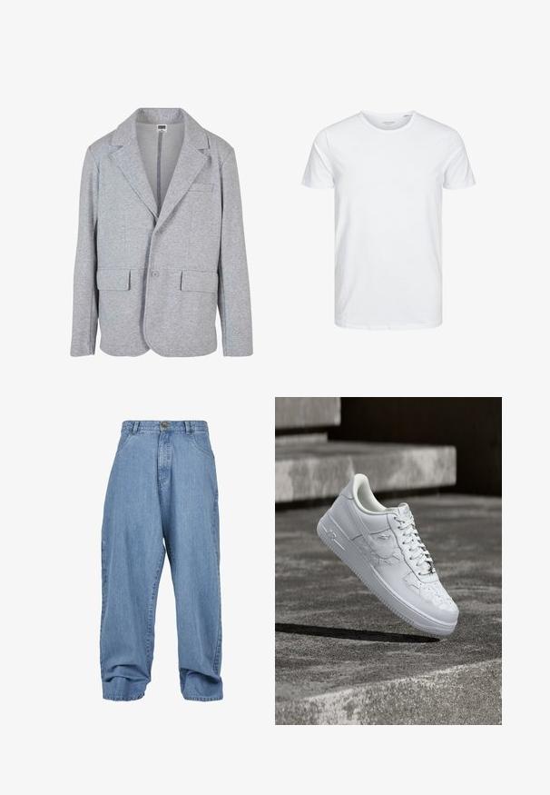 Grauer Blazer aus weichem, strukturiertem Stoff. Mit Reverskragen, zwei Vordertaschen und einer Knopfleiste mit einem einzigen Knopf.; Rundhals-T-Shirt mit kurzen Ärmeln in reinem Weiß, aus weicher Baumwolle, mit einem schlichten Design ohne sichtbare Muster oder Akzente.; Hellblaue Jeanshosen mit lockerem Schnitt, Knopfverschluss, frontalen Taschen und umgeschlagenem Saum, ausgestattet mit einem klassischen Fünf-Taschen-Design.; Weißer Nike Air Force 1 Sneaker mit geprägten Sternmustern und einem metallischen Stern-Schnürsenkelanhänger, der über einer Betonoberfläche schwebt.