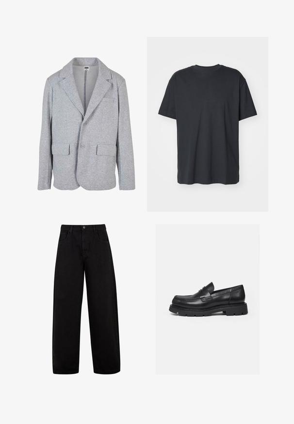 Grijze blazer van zacht, getextureerd materiaal. Heeft een notch collar, twee voorzakken en een enkele knoopsluiting.; Zwarte katoen t-shirt met korte mouwen, ronde halslijn, relaxte pasvorm en een zachte textuur. Geen zichtbare patronen of extra details.; Zwarte wijde jeans van denim, met voorzakken, een knoopsluiting en een strak, minimalistisch ontwerp zonder zichtbare patronen.; Zwarte leren loafer met dikke geribbelde zool en pennyriemdetail, getoond in rechter zijprofiel op witte achtergrond.