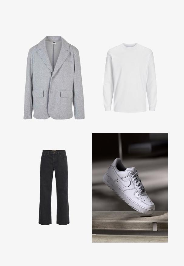 Grå blazer lavet af blødt, struktureret stof. Har en notch krave, to forlommer og en enkelt knaplukning.; Langærmet hvid t-shirt lavet af bomuld. Har rund hals og ensfarvet design uden mønstre eller accenter. Blød, glat tekstur.; Sorte denim bukser med vid ben, knaplukning, fem lommer og en let slidt tekstur. Lige snit fra talje til søm.; Hvid læder Nike Air Force 1 sneaker med perforeret tå, flade snørebånd og tekstureret gummisål med "AIR" branding på siden.