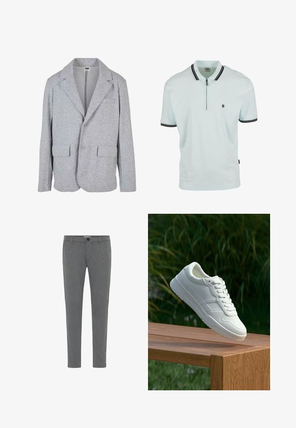 Grå blazer lavet af blødt, struktureret stof. Har en notch krave, to forlommer og en enkelt knaplukning.; Lyseblå polo shirt med lynlås hals, sort krave og ærmeaccent, korte ærmer og et lille logo på brystet.; Grå skræddersyede bukser lavet af struktureret stof, med en standard talje med bæltestropper, lynlåsfront og enkelt knappelukning.; Hvide lædersneakers med en glat overflade, prydet med perforeret design, klassisk snørering og gummisål, placeret over en træoverflade.