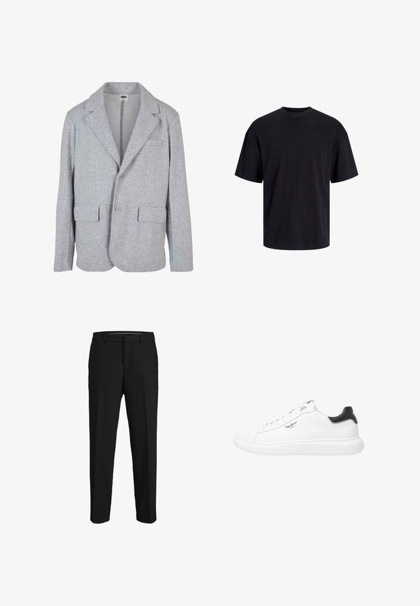 Grå blazer lavet af blødt, struktureret stof. Har en notch krave, to forlommer og en enkelt knaplukning.; Sort bomulds t-shirt med rund hals, korte ærmer og en afslappet pasform. Glat tekstur uden synlige mønstre eller accenter.; Sorte bukser lavet af glat stof, med lige snit, bæltestropper og et fladt frontdesign uden synlige mønstre eller pyntegenstande.; Hvide lavtopped sneakers lavet af læder med en glat finish, der har sorte hælindlæg, runde snørebånd og diskret sidesøm.