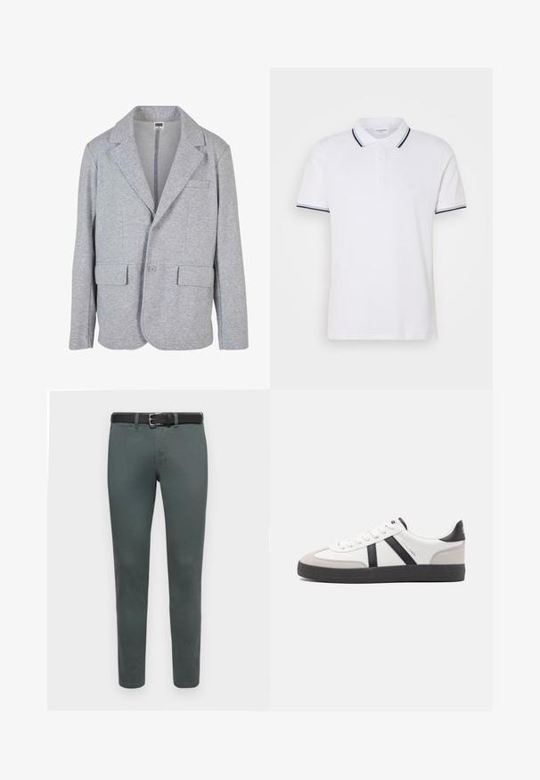 Grå blazer lavet af blødt, struktureret stof. Har en notch krave, to forlommer og en enkelt knaplukning.; Hvid polo shirt lavet af bomuld med krave, tre-knaps lukning og marineblå og hvide striber på ærmerne.; Grønne bomuldsbukser med slim fit, udstyret med et sort bælte og standard fem-lomme design. Glat tekstur, minimale syninger.; Hvide sneakers med sorte og grå detaljer, med en tekstureret grå tåhætte, sort gummisål og flade hvide snørebånd. Rent design, minimalistisk stil.