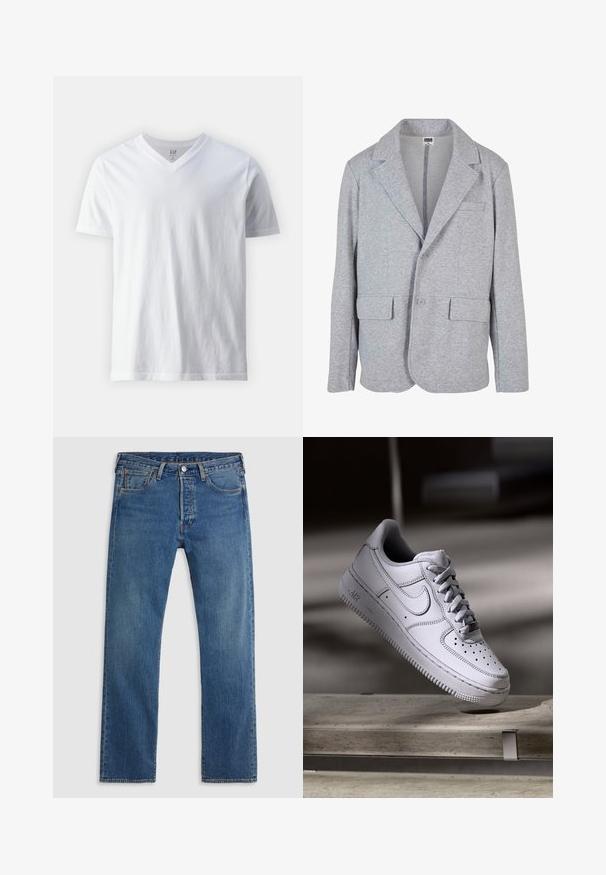Blazer gris en tissu doux et texturé. Il présente un col à cran, deux poches avant et une fermeture à bouton unique.; T-shirt blanc à manches courtes et décolleté en V en coton. Présente un design sobre avec une texture lisse et une coupe décontractée.; Jean en denim bleu à jambe droite avec cinq poches, passants de ceinture, et une fermeture avant à bouton et fermeture éclair sur fond uni.; La basket Nike Air Force 1 en cuir blanc présente un embout perforé, des lacets plats et une semelle en caoutchouc texturée avec le logo « AIR » sur le côté.