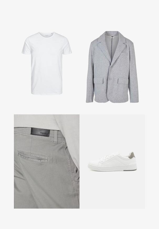 Blazer gris en tissu doux et texturé. Il présente un col à cran, deux poches avant et une fermeture à bouton unique.; T-shirt à col rond à manches courtes de couleur blanche unie, fabriqué en coton doux, avec un design simple sans motifs ni accents visibles.; Pantalons gris avec une texture lisse, comportant une poche arrière avec une ouverture horizontale et une petite étiquette en cuir noir près de la taille.; Basket blanche en cuir lisse, à bout arrondi, design minimaliste, accent de talon gris et semelle en caoutchouc texturé.