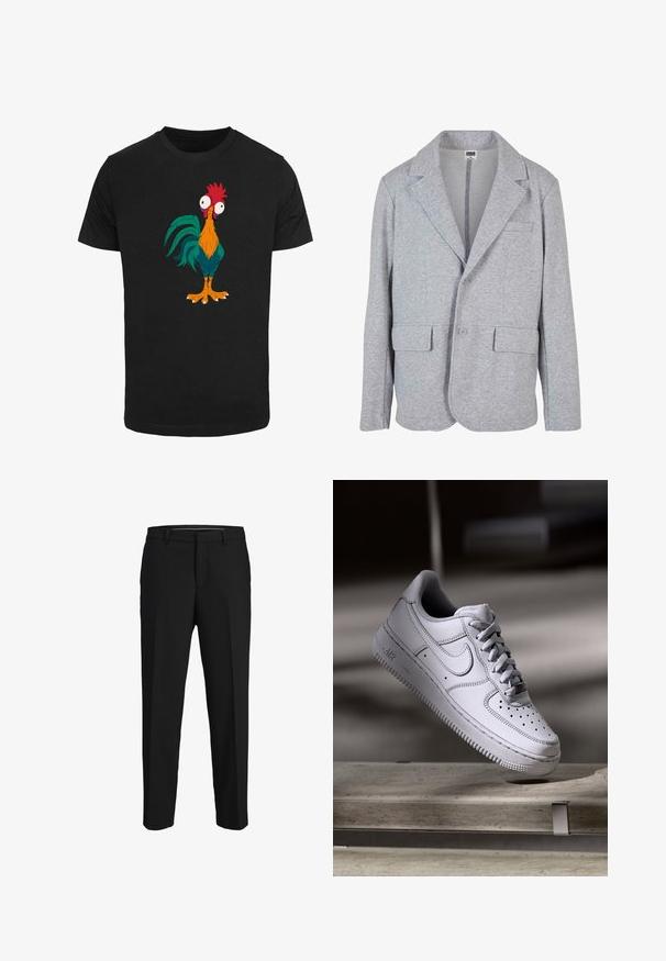 Grauer Blazer aus weichem, strukturiertem Stoff. Mit Reverskragen, zwei Vordertaschen und einer Knopfleiste mit einem einzigen Knopf.; Schwarzes T-Shirt mit einem bunten Cartoon-Hahn-Design, das übertriebene Merkmale und große Augen zeigt, mit orangefarbenen, grünen und roten Akzenten.; Schwarze Hose aus glattem Material, mit geradem Schnitt, Gürtelschlaufen und flachem Vorderteil ohne sichtbare Muster oder Verzierungen.; Weißer Nike Air Force 1 Sneaker aus Leder mit perforierter Zehenpartie, flachen Schnürsenkeln und strukturierter Gummisohle mit "AIR"-Branding an der Seite.
