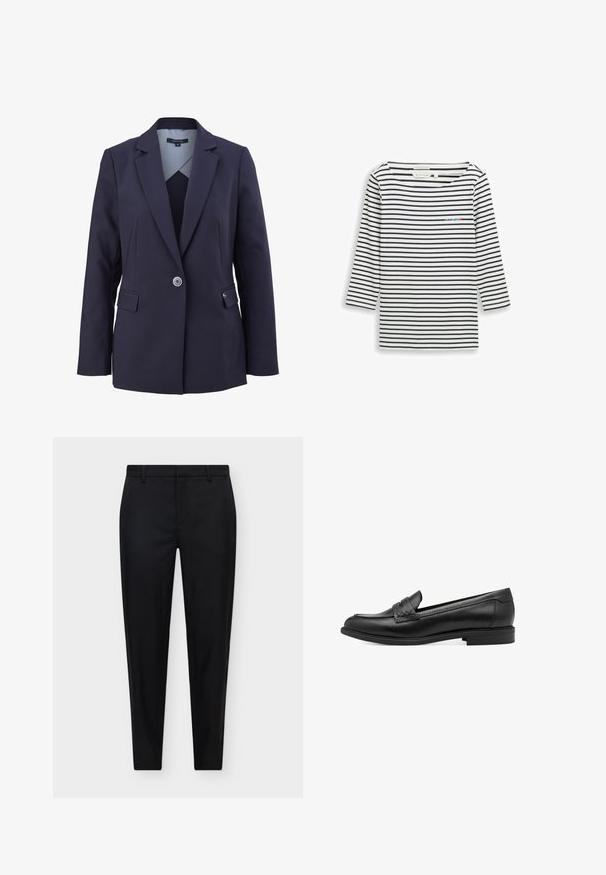 Marineblazer met een gestructureerd ontwerp, sluiting met één knoop, twee voorzakken en een contrasterende gestreepte binnenvoering. Perfecte pasvorm.; Katoenen shirt met lange mouwen met marineblauwe en witte horizontale strepen, met een klein geborduurd logo op de borst, ronde hals en ontspannen pasvorm.; Slim-fit zwarte formele broek met riemlussen en een op maat gemaakte sluiting aan de voorkant, afgebeeld tegen een effen lichte achtergrond.; Zwarte leren instapper met een gladde textuur, voorzien van een gevlochten accent over de bovenkant en een lage, ronde hak. Eenvoudig ontwerp en vorm.
