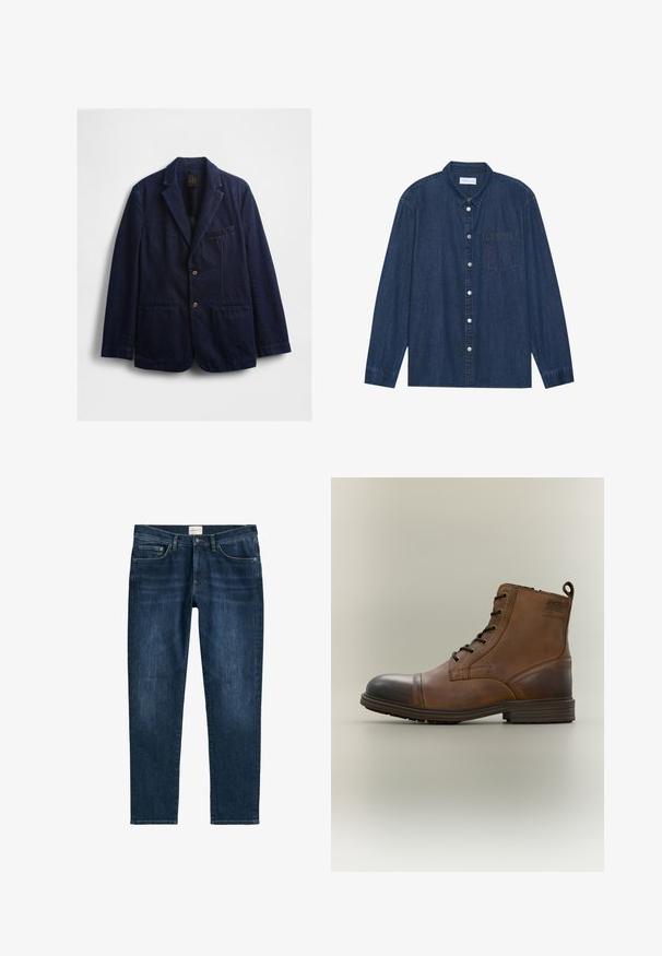 Marineblauw denim colbert met een smalle revers, twee voorzakken, één borstzak en bruine knopen. Zachte textuur, casual pasvorm.; Donkerblauwe spijkerblouse met lange mouwen, knoopsluiting aan de voorkant, kraag en een borstzak. Bevat zilveren knoopaccenten.; Donkerblauwe denim jeans met een rechte pijp, vijf zakken, riemlussen en subtiele vervaging. De stof heeft een gladde textuur.; Bruine leren enkellaars met veters, zwarte neuskap, ronde zool en merkdetail aan de zijkant tegen een effen achtergrond.