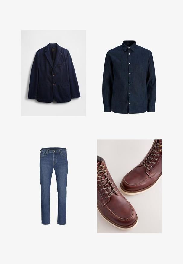 Marineblauw denim colbert met een smalle revers, twee voorzakken, één borstzak en bruine knopen. Zachte textuur, casual pasvorm.; Donkerblauw denim overhemd met lange mouwen, witte knopen en een puntige kraag, getoond op een witte achtergrond.; Blauwe denim jeans voor heren met een recht model, vijf-pocketstijl en een klassieke knoop- en ritssluiting.; Bruine leren laarzen met een gladde afwerking, voorzien van metalen veteroogjes, grijze veters en een rubberen zool in crèmekleur. Stiksel detail langs de randen.