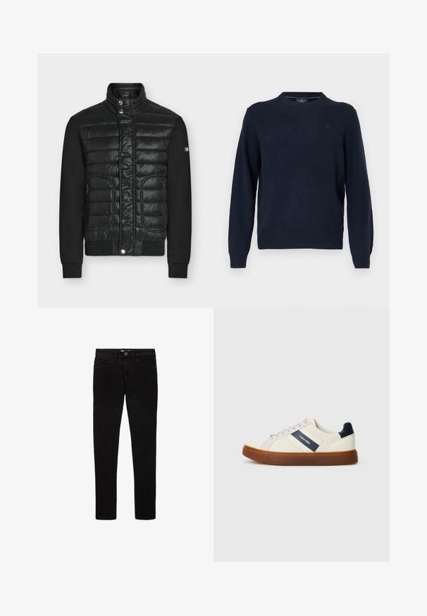 Chaqueta acolchada negra con cuello alto, botones a presión, bolsillos laterales con cremallera y mangas negras lisas, mostrada sobre un fondo liso.; Suéter de cuello redondo en color marino, hecho de material suave, con mangas largas, puños y dobladillo acanalados, y un pequeño logo en el pecho.; Jeans negros de denim, con un diseño ajustado, cinco bolsillos y cierre de botón. Textura suave y detalles de costura mínimos.; Zapatillas de cuero blancas con acentos en marino, que presentan una franja del logo en marino, cordones grises y una suela de goma marrón. Diseño minimalista.