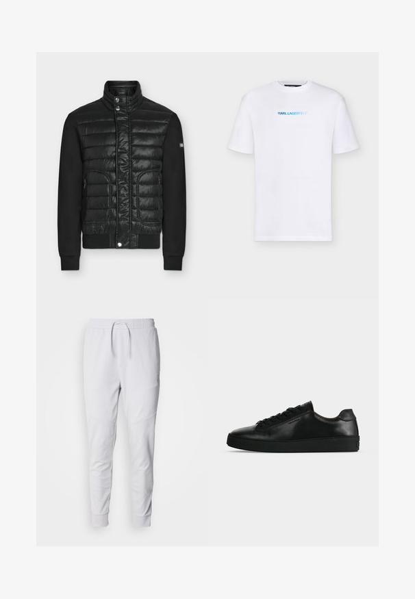 Sort quiltet jakke med høj krave, trykknapper, lynlåslommer i siden og ensfarvede sorte ærmer, vist på en ensfarvet baggrund.; Hvid t-shirt med korte ærmer med "KARL LAGERFELD" logo i blå gradient centreret på brystet, ensfarvet baggrund.; Hvide joggingbukser lavet af blødt stof, med en elastisk talje med snoretræk, to sidelommer og ribbede mansjetter ved anklerne.; Sort lavtop lædersneaker med sorte snørebånd og en tyk sort sål, vist fra siden på en lysegrå baggrund.