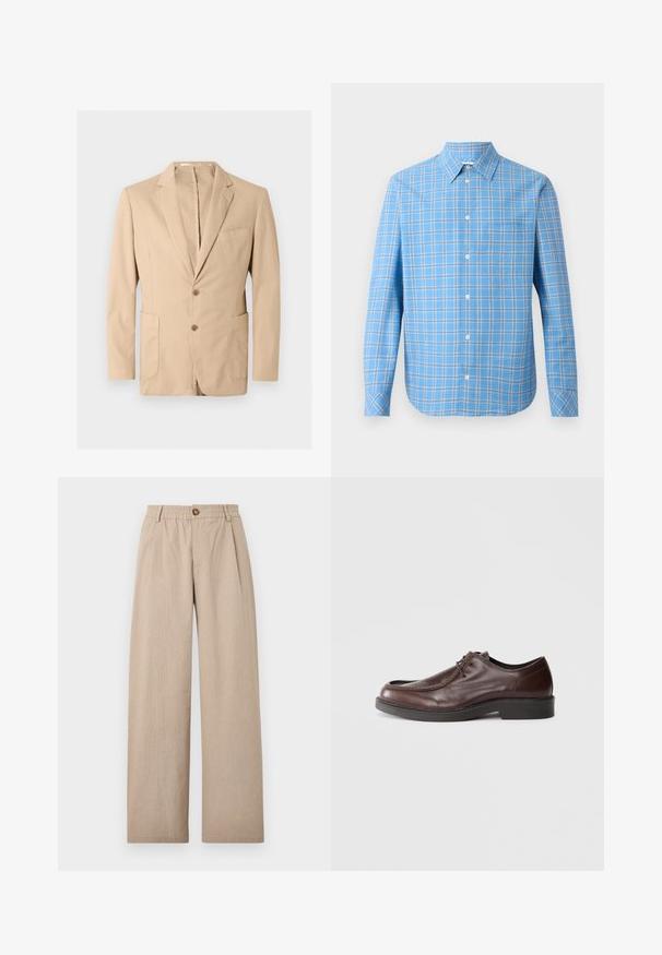 Beige herreblazer med hakrevers, to forreste knapper, brystlomme og to nederste påsatte lommer, vist på en ensfarvet baggrund.; Lyseblå ternet skjorte med knaplukning, lange ærmer, krave og en enkelt brystlomme. Har hvide og sorte gitterdetaljer.; Beige vide bukser med struktureret finish, der har folder og en elastisk talje, fastgjort med en bronze knap foran.; Brune lædersko med rund tå, minimal syning og en solid sort sål. Har snørelukning og en glat overflade.