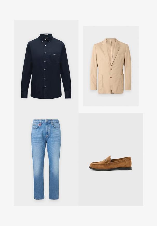 Blazer beige pour homme avec revers à encoche, deux boutons à l'avant, poche poitrine et deux poches plaquées inférieures, présenté sur un fond uni.; Chemise bleu marine à manches longues boutonnée, col boutonné et poche poitrine avec un petit logo brodé.; Jean droit bleu clair à taille haute, avec poches avant, fermeture à boutons, et un petit anneau rouge sur la boucle de ceinture avant droite.; Mocassin pour homme en daim marron avec détail tressé sur le dessus et semelle noire, présenté de profil sur un fond uni gris clair.