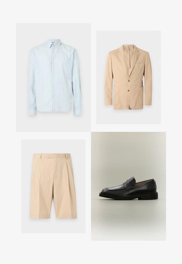Beiger Herrenblazer mit Schalkragen, zwei vorderen Knöpfen, Brusttasche und zwei unteren aufgesetzten Taschen, auf unifarbenem Hintergrund präsentiert.; Hellblaues Button-up-Hemd mit weißen vertikalen Streifen, klassischem Kragen, langen Ärmeln und zwei Knopfakzenten an den Ärmeln.; Beige knielange, maßgeschneiderte Shorts mit Gürtelschlaufen, vorderen Falten und einem verdeckten Reißverschluss vorne.; Schwarzer Leder-Herrenloafer mit niedrigem Absatz und Riemendetail über dem Vorderblatt, im Profil auf neutralem Hintergrund gezeigt.