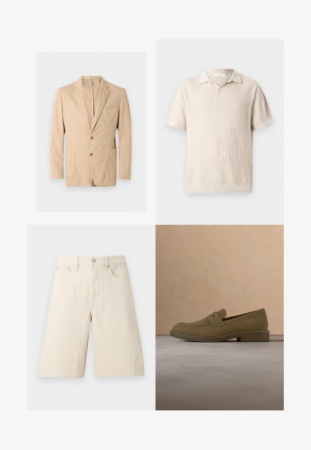 Blazer beige pour homme avec revers à encoche, deux boutons à l'avant, poche poitrine et deux poches plaquées inférieures, présenté sur un fond uni.; Polo en tricot beige à manches courtes avec un motif côtelé vertical texturé et un petit col.; Short en jean écru mi-longueur avec bouton avant, fermeture éclair, passants pour ceinture et design à cinq poches sur fond blanc.; Mocassin en daim marron flottant au-dessus d'un tapis beige texturé dans un salon avec une table basse en bois et des livres empilés.