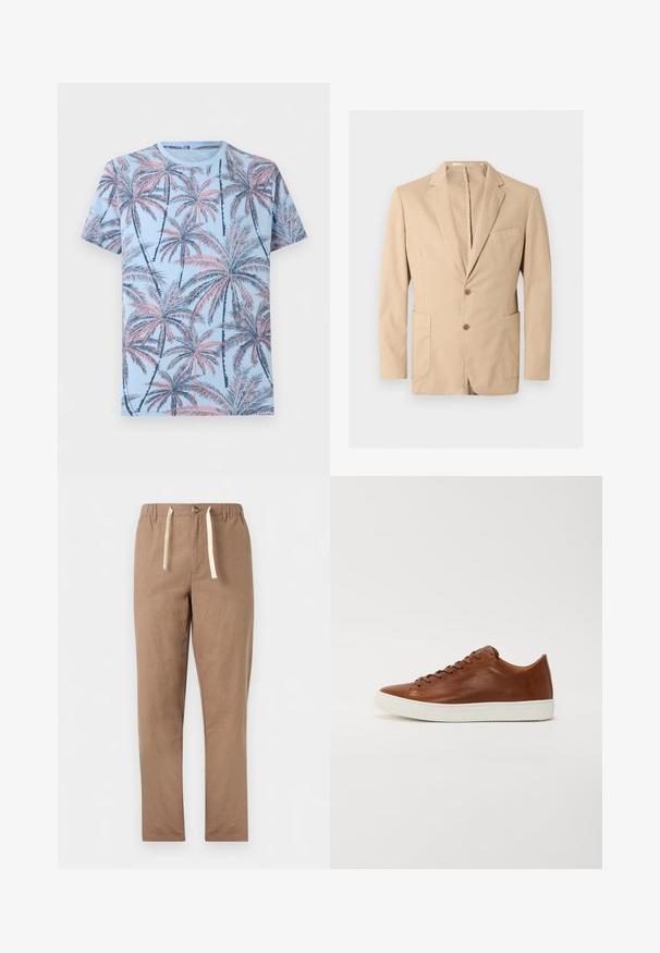 Blazer beige pour homme avec revers à encoche, deux boutons à l'avant, poche poitrine et deux poches plaquées inférieures, présenté sur un fond uni.; T-shirt bleu clair à manches courtes avec un motif intégral de palmiers rose et bleu marine.; Pantalon marron clair à coupe droite avec taille élastique, fermeture par bouton et cordons blancs.; Baskets en cuir brun avec un bout arrondi, semelle en caoutchouc blanc et lignes épurées. Présente une fermeture lacée et un logo discret sur le côté.