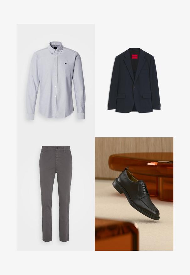 Mørk marineblå herreblazer med to forreste knapper, notch reverskrave, klaplommer og rød HUGO label inde i nakken.; Lyseblå skjorte med lange ærmer, lavet af et struktureret stof. Har et lille logo på venstre bryst og standard manchetter.; Grå chinos med en slim fit, lavet af åndbart bomuld. Har en knaplukning og sidelommer, med en glat, mat finish.; Sort lædersko med snørebånd og tekstureret front, svævende over beige tæppe i et moderne rum med møbler i ravfarvet toning.