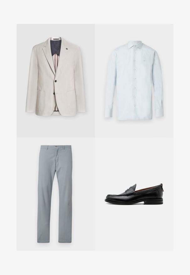 Blazer en velours côtelé beige clair avec deux boutons noirs, col cranté, poches plaquées et doublure intérieure foncée à rayures rouges et blanches.; Chemise bleu clair à manches longues avec boutons, fabriquée à partir d'un tissu lisse, dotée d'un col classique et d'un unique détail brodé sur la poitrine.; Pantalon gris clair en tissu mélangé coton. Présente une coupe droite, une fermeture à bouton à l'avant et une texture lisse.; Mocassin homme en cuir noir avec couture moc toe, bride penny, col texturé et petit talon empilé sur fond blanc.