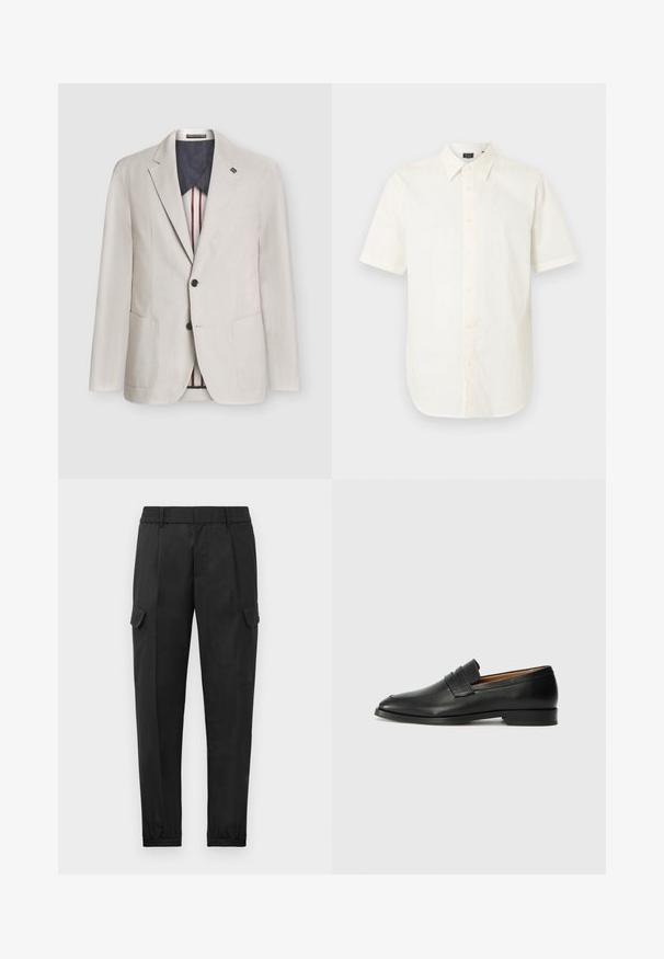 Blazer de pana beige claro con dos botones negros, solapa con muesca, bolsillos parche y forro interior oscuro con rayas rojas y blancas.; Camisa blanca de manga corta con botones delanteros, cuello puntiagudo y dobladillo recto sobre un fondo liso.; Pantalones cargo negros con una cintura elástica, pierna ajustada, bolsillos laterales y un solo bolsillo cargo en el muslo izquierdo. Textura suave.; Mocasín de cuero negro con punta redonda, detalles de costura sutil y un tacón bajo, que presenta una textura suave y un diseño minimalista.